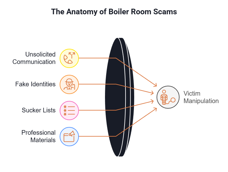 A chart shows the anatomy of a boiler room scam.