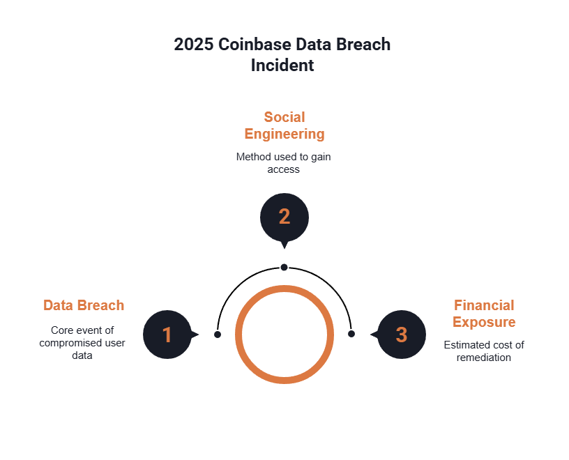 A chart shows the key facts from the 2025 Coinbase data breach and $20 million ransom.
