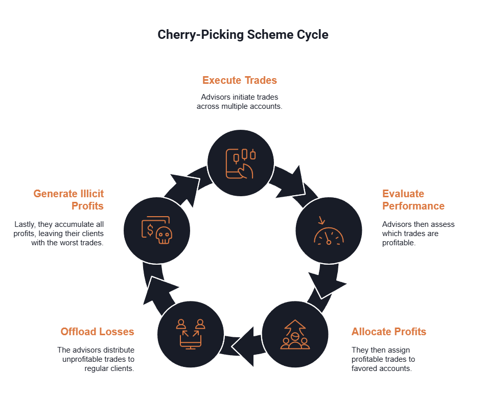 A chart describes the cycle of a cherry-picking scheme and how it works.